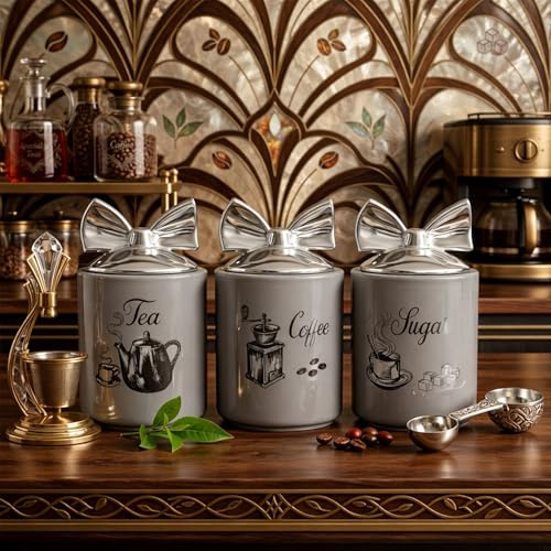 BMLIMITED BML Grey Ceramic Tea Coffee Sugar Storage Canister Set of 3 Kitchen Counter Storage Jars with Silver Bow Lids for Tea Coffee Sugar Pantry Organisation