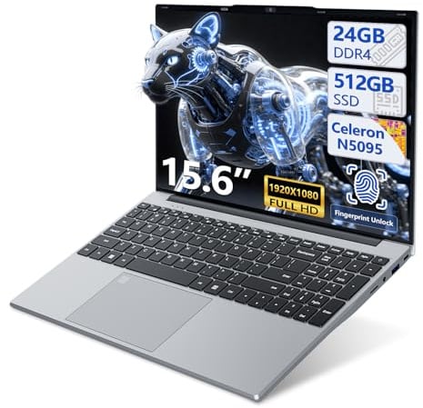 Notebook Win 11, 15,6 Pollici PC Portatile 24GB RAM 512GB SSD, Celeron N5095 CPU, Webcam+BT4.2+USB3.0, Laptop Digitale Tastiera Retroilluminata/Sblocco Impronta Digitale, 180° Flip IPS Schermo