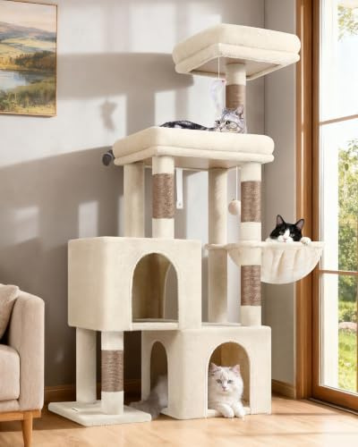 Globlazer S52 Arbre a Chat Beige Stable XL 134cm pour 2-4 Chaton Chat Vieux | Arbre a Chat avec 2 Niches, Grande Doux Rembourrage Plate-Forme, Perchoirs, Paniers pour Chaton Chat Vieux Repos Jeu Gratter