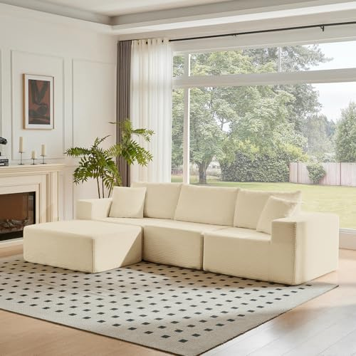 CHOSHOME 275cm Ecksofa mit Schlaffunktion - Big Modulares L-Form Cloud Couch, Cord Boneless Sofa Bed mit Ottomane, 4-Sitzer-Sektionssofas für Wohnzimmer, Keine Montage erforderlich, Beige