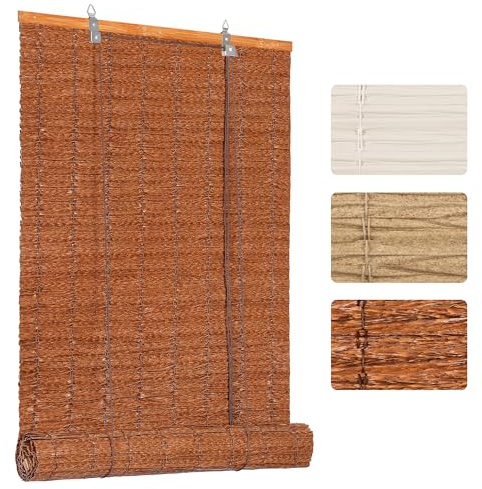 Grandekor PE Outdoor Rollo Wetterfest Bambus Look für Fenster Tür, B130 x H160 cm Braun,Imitation Bambusrollo Sonnenschutz, Blickdicht UV-Schutz für Innen-& Aussenbereich, Einfache Montage