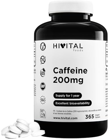 Rent Koffein-Anhydrat 200 mg. 365 veganska tabletter för 1 år | Ren Koffein med snabb och långvarig effekt. Optimal dos. Tillverkad i Europa av HIVITAL