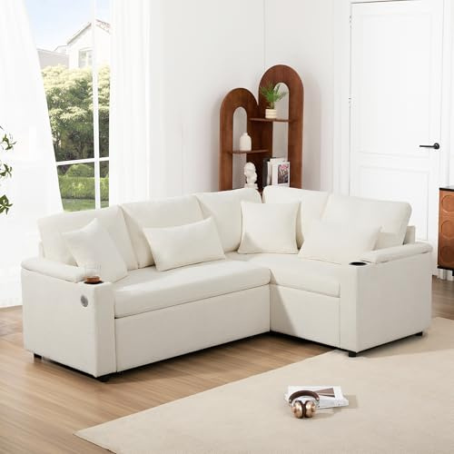 Modernes Schlafsofa L-Form 4-Sitzer Ecksofa rechts mit Stauraum Ausziehsofa Chenille Funktionssofa 150kg Polsterecke Beige für Wohnzimmer Gästezimmer Lounge