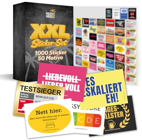 Großes Sticker Set XXL mit 50 Motiven, perfekt für jede Party, Malle Party, Festival Gadgets als Ballermann Malle Accessoires, Stickerset, Aufkleberset | 1000 Stück (jedes Motiv 20x)