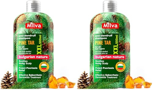 Milva Kiefer-Teer Shampoo gegen Seborrhoische Dermatitis – 500 ml Natürliches Anti-Schuppen Shampoo – Psoriasis Shampoo – Pflege für trockene, juckende und schuppige Kopfhaut (Packung mit 2)