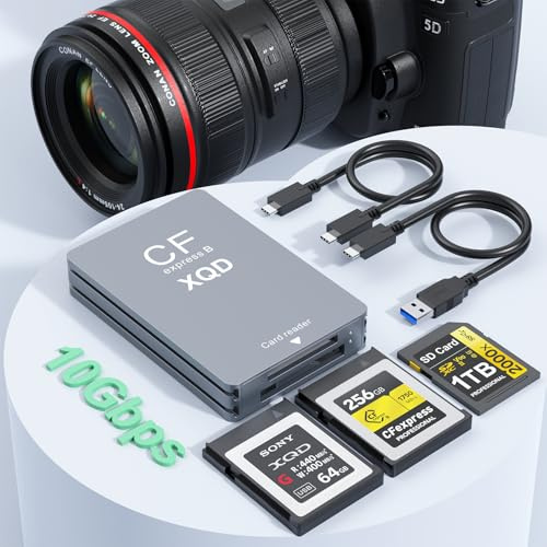 CFexpress Typ B/XQD/SD Kartenleser 3 in 1, Dual-Slot USB 3.2 (Gen 2) 10Gbps CF Express Kartenadapter mit USBC zu USBC-A/C Kabel, CFexpress Typ B Kartenleser für Windows/Mac/Android/Linux