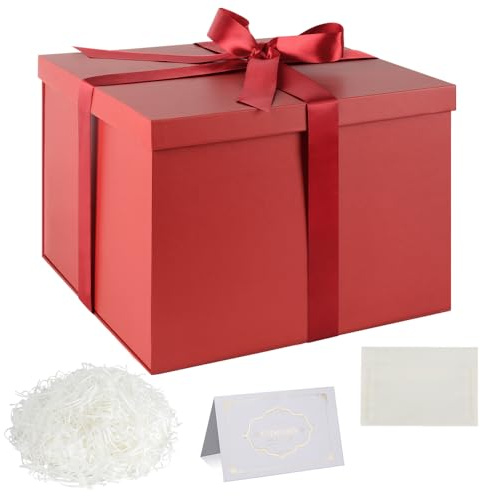 Geschenkbox Set, Rot Geschenkboxen mit Deckel 24 x 24 x 18 cm Tiefe Geschenkbox mit Schleife Geschreddertes Seidenpapier Grußkarten für Weihnachten Geburtstag Hochzeitstag