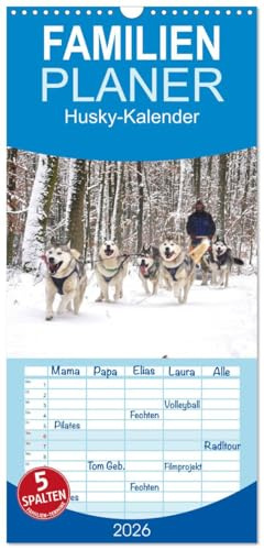 Familienplaner 2026 - Husky-Kalender mit 5 Spalten (Wandkalender, 21 cm x 45 cm), CALVENDO: Sibirische Huskies (CALVENDO Tiere)