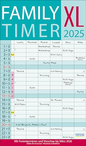 XL Family Timer 2025: Familienplaner mit 6 breiten Spalten. Hochwertiger Familienkalender mit Ferienterminen, extra Spalte, Vorschau bis März 2026 und nützlichen Zusatzinformationen.