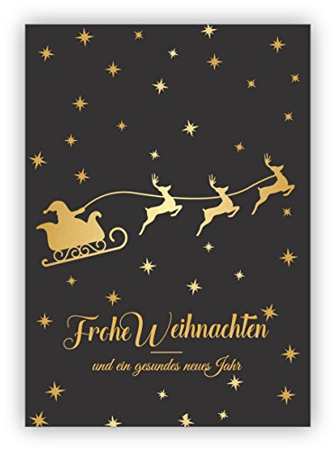 Kartenkaufrausch 1 Edle Weihnachtskarte mit Umschlag zum Weihnachtsfest mit Weihnachtsschlitten und Sternen in gold Optik: Frohe Weihnachten und ein gutes neues Jahr • edler Weihnachtsgruß