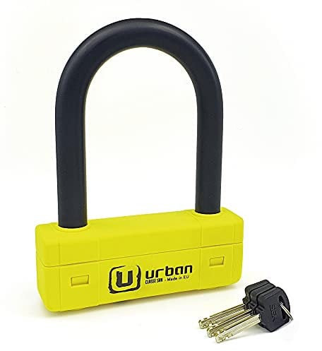 URBAN UR85120Y Lucchetto a U per Alta Sicurezza Omologato SRA, Arco ø18 in Acciaio Cementato, Doppio Blocco Antigraffio, Guscio Visibile e Accattivante, U Lock Antifurto 85x120mm per Moto e Scooter