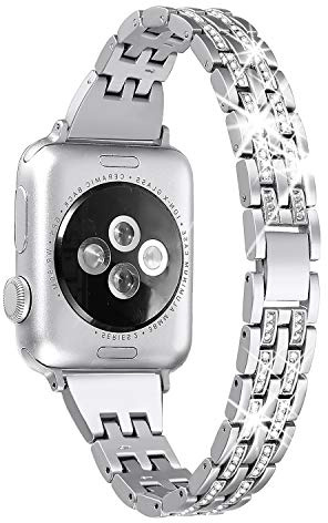 Secbolt Bling Bands Compatible with Apple Watch Band 38mm 40mm 41mm 42mm 44mm 45mm Women iWatch SE Series 9 8 7 6 5 4 3 2 1, Dressy Jewelry Metal Wristband Strap Diamond Rhinestone