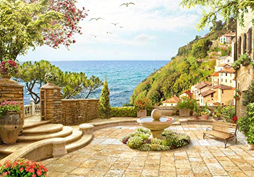 wandmotiv24 Fototapete Terrasse Springbrunnen, XL 350 x 245 cm - 7 Teile, Wanddeko, Wandbild, Wandtapete, Meerblick, Aussicht, Fresko M1088