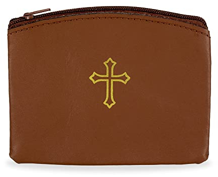 RosaryMart Echt Leder Reißverschluss Rosenkranz Tasche mit goldenem Kreuz Muster braun