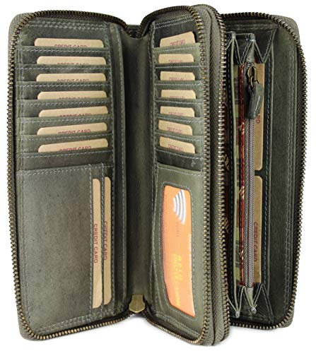 Hochwertige XXL Vintage Leder Damen Geldbörse Portemonnaie langes Portmonee Geldbeutel Organizer aus weichem Leder mit extra vielen Fächern inkl. RFID in grau - 20x11x3,5cm (B x H x T)
