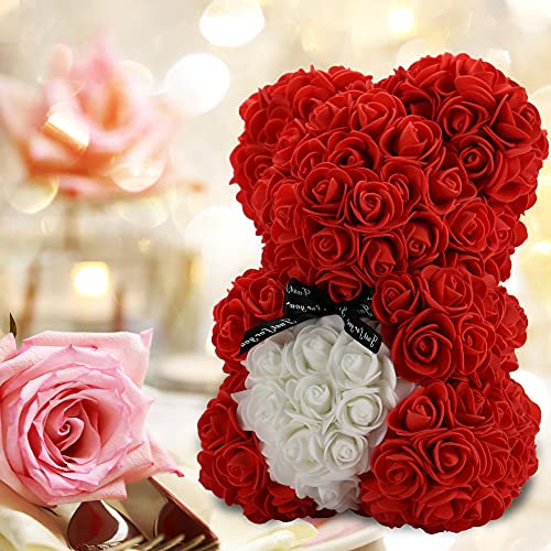 Gifts for Women,Birthday Gifts ,Rose Flower Bear-Hand Made Rose Teddy Bear,Best Artificial Decoration Gifts for mom, Gifts for Girls,Unique Gifts,The Perfect Party Clear Gift Box (Red)