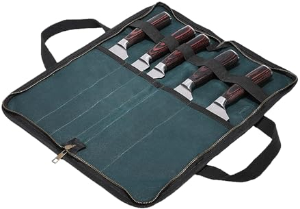 Kaaltisy Chef's Knife Roll Bag, 5 Slots Knife Bag for Chefs Kitchen, Heavy Duty 16OZ Waxed Canvas Knife Tool Storage Bag - Dark Green