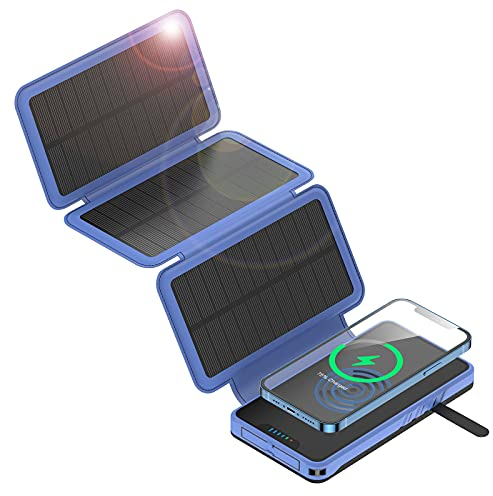 Anyzoo Cargador Solar 20000mAh, Wireless portátil Power Bank con 2 Ports Output Batería Externa Impermeable con 3 Paneles Solar para Smartphones, Camping, excursiones, Emergencia