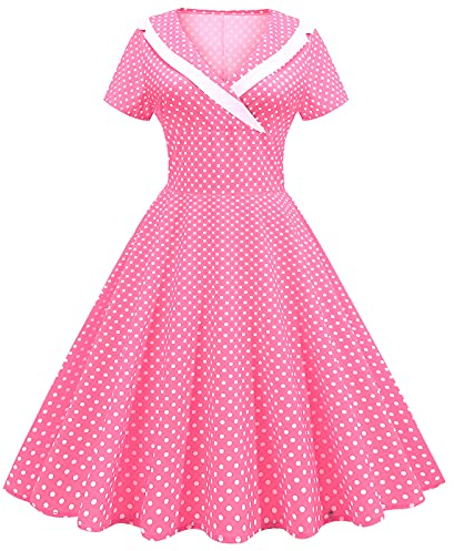 IWEMEK Damen 1950er Vintage Retro Rockabilly Kleid Revers V-Ausschnitt Slim A-Linie 50er 60er Pinup Audrey Hepburn Stil Polka Dot Swing Kleider Sommer Casual Festzug Party Cocktail Abendkleid, rose, S