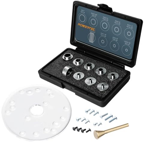 POWERTEC Dia 6-1/2 Router Base Plate & 10Pcs 5/16 to 1 Short Shank Router Template Bushing Guide Sets & Centering Pin. Fits Porter Cable, Craftsman, DeWalt, Bosch, Milwaukee Router Sub Bases (71778)
