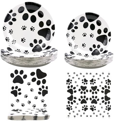 Puppy Paw Party Supplies, Dog Party Birthday Decorations, 120 Pieces Puppy Theme Tableware Set, 40 9 Plates 40 7 Plates and 40 Napkins for Dog Cat Print Party Decorations