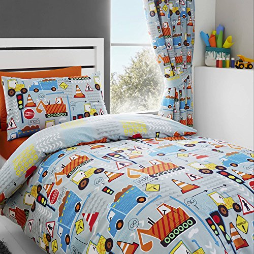Happy Linen Company Girls Boys Kids Big Digger Trucks Grey 66 x 72 Ring Track Pole Fully Lined Thermal Blackout Pencil Pleat Curtain Set