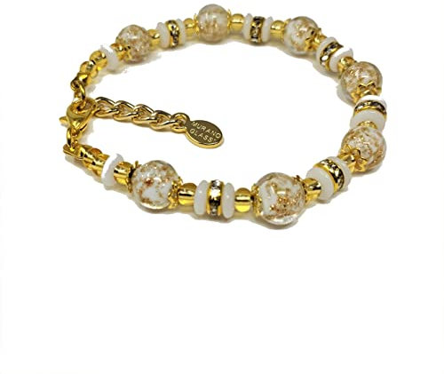 Sospiri Venezia Bracelet Femme composé de 7 Perles en Verre Diamètre 8 mm Bracelet en Verre de Murano Original Bijou Idée Cadeau Made In Italy Certifié, Blanc-Blanc