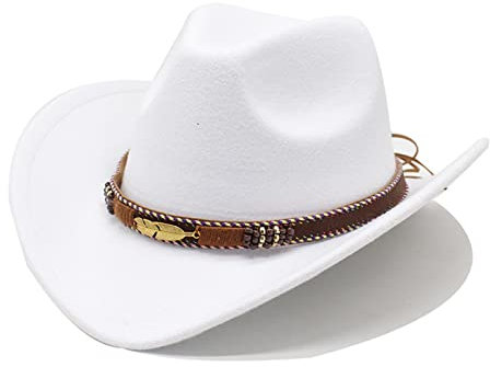 DELIMALI Cowgirl Hut Cowboy Hüte für Frauen Strass Western Vintage Filzkrempe Hut für Junggesellinnenabschied Cosplay Kostüm Verkleidung Party (A-Weiß, Einheitsgröße)