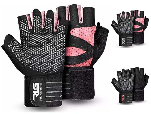 RL Grips - Fitnesshandschuhe für Gewichtheben, Crossfit, Krafttraining mit Handgelenkbandage und rutschfestem Silikon-Grip – Trainingshandschuhe für Damen und Herren in Schwarz und Rosa