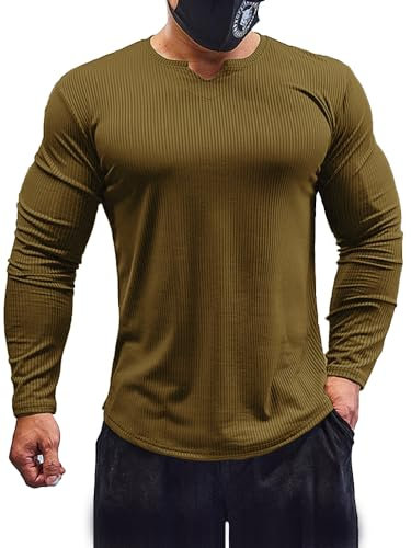 Muhshoiy Men's Slim Fit Muscle Shirt V Neck Short & Long Sleeve Sport T-Shirt Underwear Casual Tee Stretch Solid Athletic Shirts/Brown/S