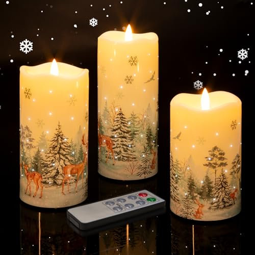 Eywamage Waldhirsch Schneeflocken Kerzen, batteriebetriebene Weihnachtskerzen, flackernde flammenlose LED-Stumpenkerzen mit Fernbedienung