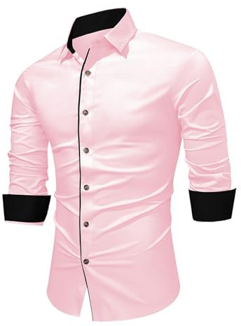 APOONABA Chemisette Homme Chemise Manches Longues Shirts Business Chemise Coton Blouse Casual Couleur Unie Chemisier Regular Fit Printemps Automne Hiver Rose 2XL