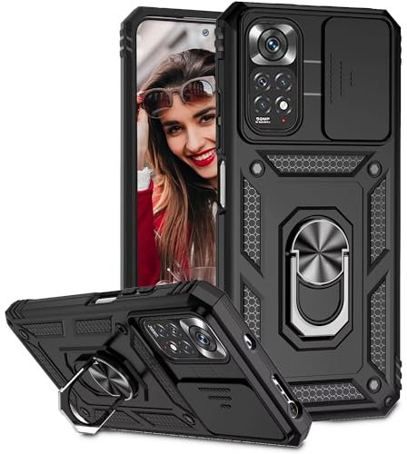 POUHYE Handyhülle für Xiaomi Redmi Note 11 / Note 11S 4G Hülle,[ Slide Camera] Hybrid Militärqualität Stoßfest Bumper Outdoor Handyhülle mit 360° Drehbarer Metall Ring Ständer Schutzhülle Case Schwarz