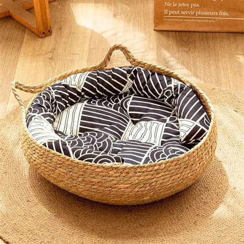 Panier De Lit Tissé pour Chat, Panier De Nid De Couchage pour Chat en Feuille De Quenouille Tressée À La Main avec Oreiller en Tapis De Bambou Et Coussin Doux (Color : Natural, Size : 35 * 35 * 13cm)