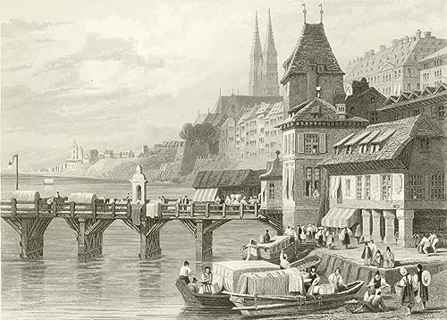 MSTECO Leinwand Bilder Kunstdrucke Abstrakt Poster Berühmtes Gemälde Basel am Rhein von Samuel Prout für Wohnzimmer 60x90cm