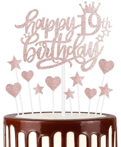 Happy 19th Birthday Cake Toppers, Rose Gold Cake Cupcake Toppers for Cake, Glitter Heart Stars Cake Toppers, Birthday Gift, Personalised Cake Toppers for Women Girls 19th Birthday Cake Decorations