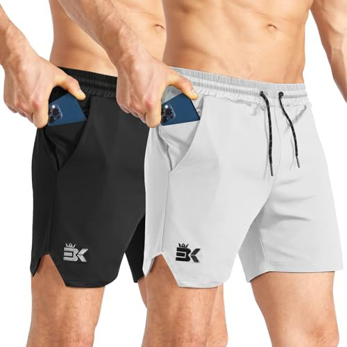 BROKIG Men's 2 Pack Lightweight Gym Shorts, Quick Dry Sport Workout Training Fitness Running Shorts Men with Zip Pocket (XL, Black+Light Grey)