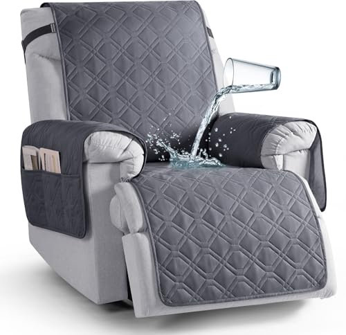 TAOCOCO Waterproof Recliner Chair Cover, Non Slip Armchair Covers for Recliner Chair with Pocket, Washable Recliners Sofa Cover Furniture Protector for Kids, Pets(1 Seater Plus (28), Dark Grey)