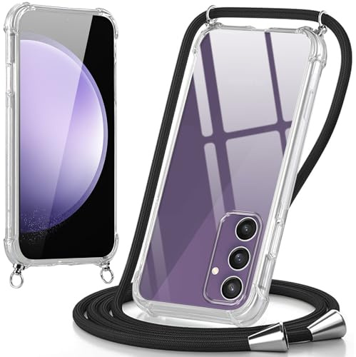 Oelrstfe Coque pour Samsung Galaxy S23 FE 5G avec Cordon, Transparente Silicone Housse avec Réglable Cordage - Collier Case Protection pour Samsung S23 FE 5G, Bandoulière - Noir