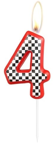 Birthday Cake Number 4 Candle Topper, Red Racing Happy Birthday 4th Cake Toppers, Red Black and White Racing Decorations for Kids Boys Car Theme Birthday Party