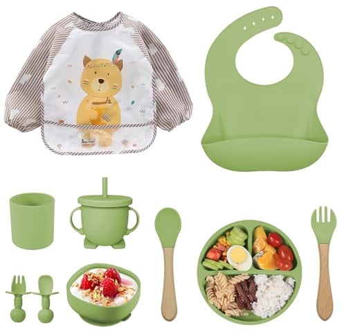 Assiette Bebe,10 pièces Coffret Repas Bebe, Assiette Ventouse Silicone Antiderapant avec Compartiments, bebe Ventouse Bol, bebe Bavoir, Cuillère d’apprentissage, bebe Assiette Enfant Set