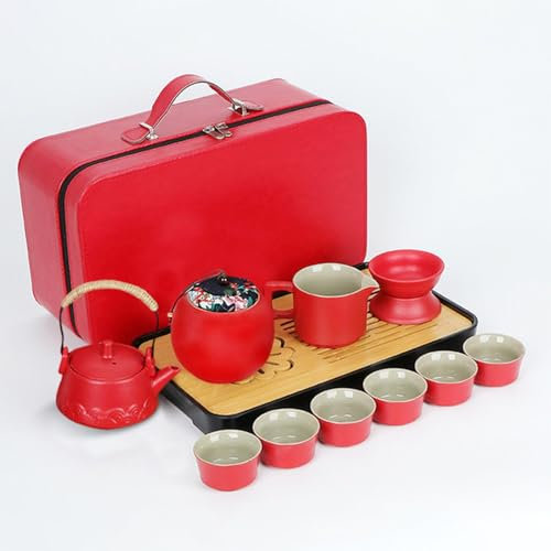 Xnqelerate Chinese Kung Fu Tea Set, Chinesisches Kungfu Keramik Teeservice, Tragbare Reisetasche, Japanisches Porzellan Tee-Set, Reise-Teeset Geschenk, Rot