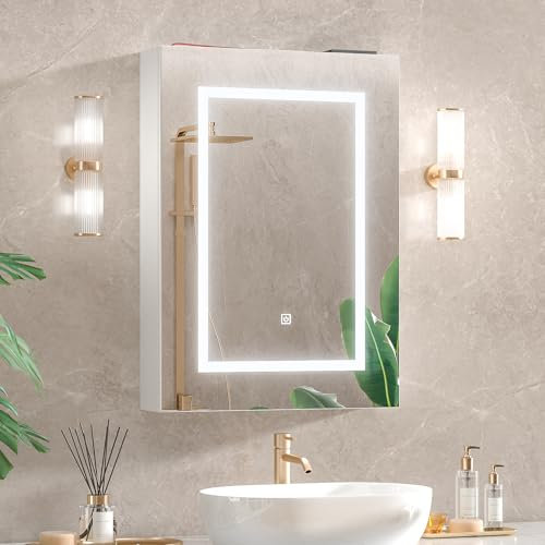 Mepplzian Led Bathroom Mirror Cabinets with Lights,Battery Operated Bathroom Cabinet with Mirror and Light,Illuminated Bathroom Cabinet with Storage,Mirrored Bathroom Cabinets Wall Mounted,600*750 cm