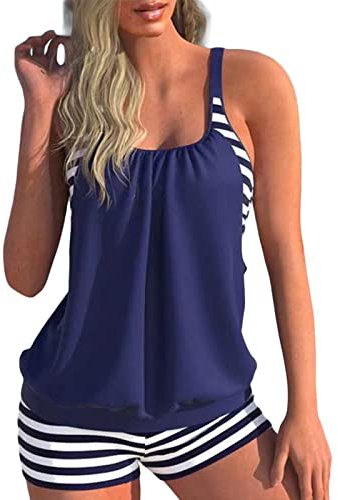 IHCEMIH Swimming Costume Women Tankinis Sets Blouson Swimsuits Push up High Waisted Swimwear Bathing Suit Women's Printed Beachwear 2 Piece Tankini with Shorts for Ladies UK Blue M.