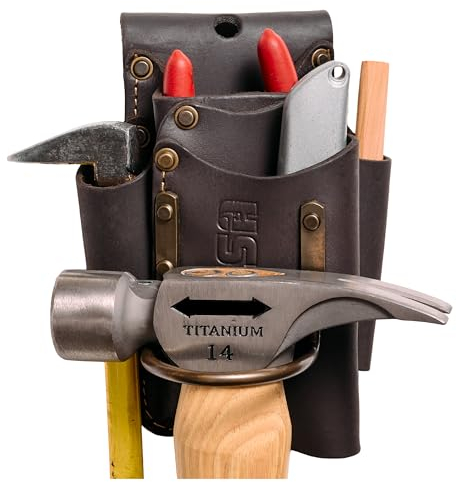 FESA Small Leather Tool Pouch - 5-in-1 Heavy Top Grain Leather Small Tool Pouch with a Steel Hammer Loop, 4 Pockets & Reinforced Heavy Duty Rivets - Fits Belts up to 3 - Handcrafted (Brown)