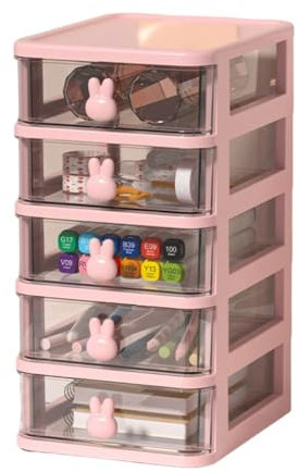 NRVTRE Tour de Rangement Plastique, 2/3/4/5 Tiroirs, Petite Tour de Rangement en Plastique Tiroir avec Poignée Lapin, Idéale Rangement Bureau, Accessoires 13,4x17cm (Rose, 5 Tiroirs, Hauteur 26cm)