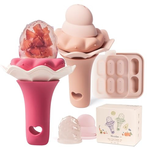 Moonkie Fruchtsauger Baby mit Gefrierschrank Tablett, 2 Stück Obstschnuller für Babys ab 4 Monate+, Zwei Größen Beutel, Spaß Rassel Sound Handle, BPA-Frei Silikon Fruchtschnuller