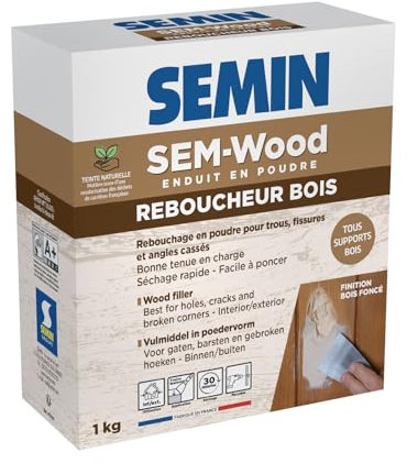 Semin - Reboucheur Bois - Sem Wood - Traitement des Trous et Fissures - Intérieur/extérieur - Finition Bois Foncé - Poudre - Boite de 1 kg