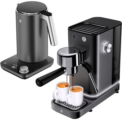 WMF Set 2-teilig Master Wasserkocher doppelwandig, 1,3l, 2400 Watt, Temperatureinstellung in 5 Stufen und Lumero Espressomaschine Siebträger 1400 Watt, 3 Einsätze, 15 bar, Milchaufschäumdüse