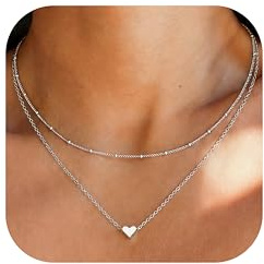 JeweBella Layering Kette Gold Silber Damen Herzkette Halskette 40+5CM | Hypoallergene 14K Vergoldet,Herz Anhänger Halskette,Layered Choker Kette,Geschenke Schmuck für Damen Frauen Mädchen